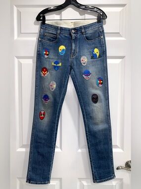 Authentic Stella McCartney Blue Denim Superhero Patchwork Jeans, Size 26.